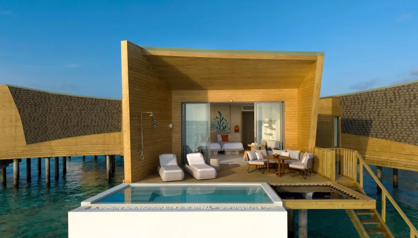 - At 79 square metres - The Mirage Overwater Sunset Pool Villa offers a host of amenities designed to elevate your family's experience - Private terrace and swimming pool - Invigorating outdoor shower - Bunk beds for kids