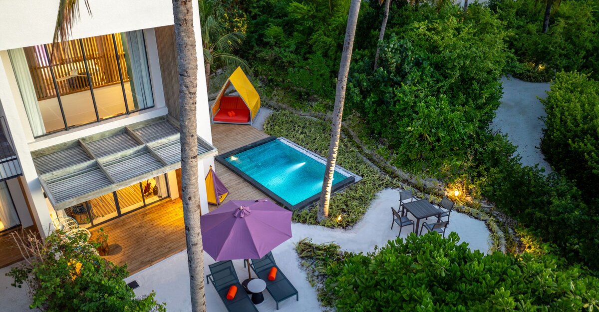 - Enjoy the best of both worlds in the Silver Family Pool Suite (Duplex 2 Bedroom) - Private plunge pool and direct beach access - Designed for 4, 5, or 6 guests - Ground floor master bedroom with king bed and sofa bed - Upper floor connected by staircase with bunk beds for children (junior Roxtars) - Spacious private retreat for families