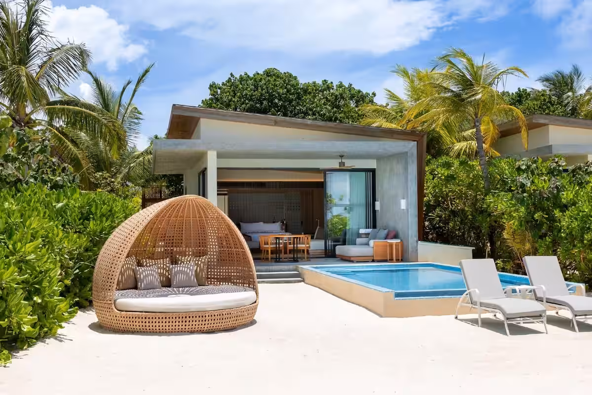 - Surrounded by lush vegetation, our sunrise beachfront retreats offer sea views from your king size bed, a private pool, and a luxurious bathtub for two.
- 2 Adults + 2 Children or 3 Adults (1 King Bed)
- 152 sqm
