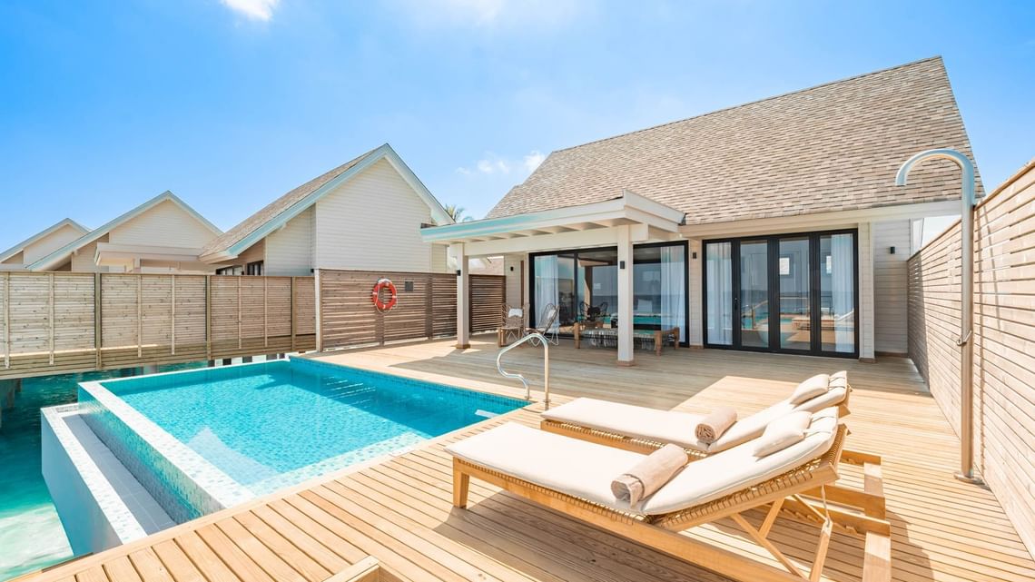 - Size: 180 sqm - People icon vector used at Ananea Madiviru Maldives 3 or 2 adults and 1 child - Perched above the crystal clear waters, these overwater escapes are a true sanctuary. With a king bed, ocean view bathroom, and private deck complete with a pool and sun loungers, your perfect island hideaway is just steps from the vibrant lagoon