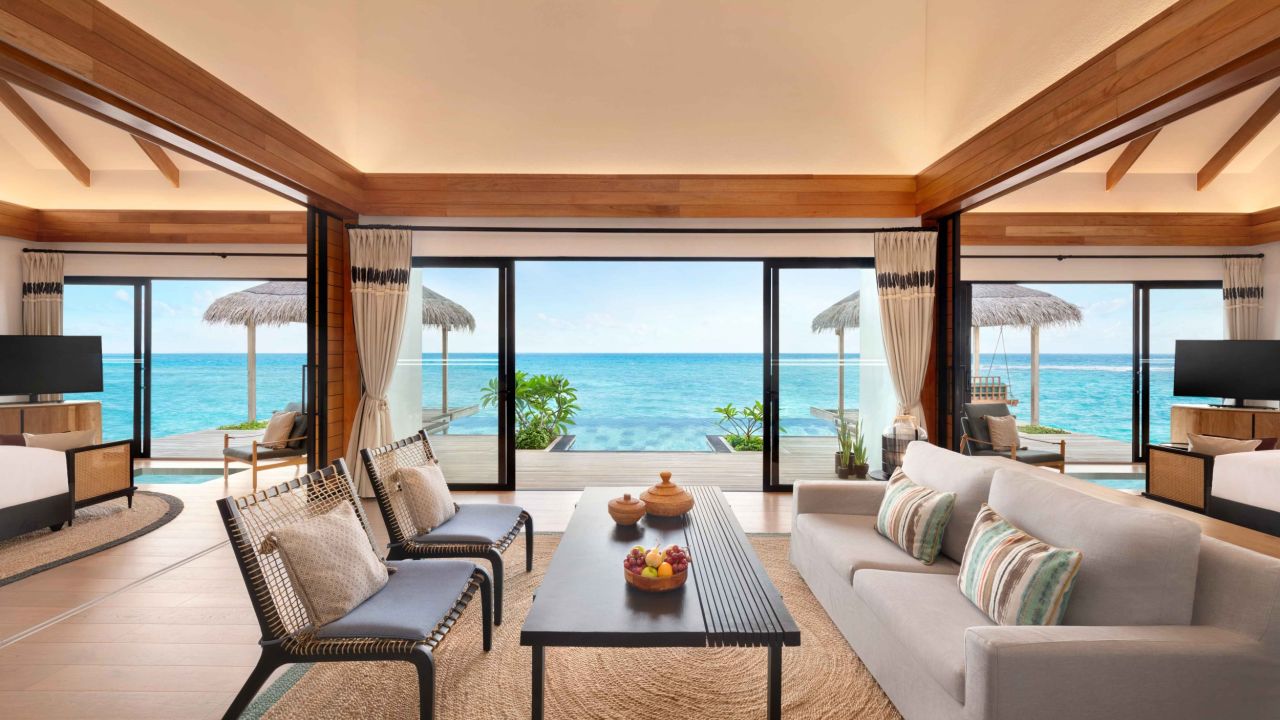 - 338 sq. m. / 3638 sq. ft., separate living room, direct access to ocean - This well designed villa provides a sense of island living, with a comfortable living room and direct access to the ocean The outdoor space features a private pool, deck and dining area, furnished with sun loungers, hammocks and a swing - The villa includes two king size beds, complimentary WiFi, a private pool, coffee / tea facilities, a 55 inch HDTV, laptop safe, air conditioning, mini bar, and ceiling fan Additional amenities include ensuite bathrooms, outdoor showers, bathrobes, and slippers. Sleeps 6 with two rollaway beds.