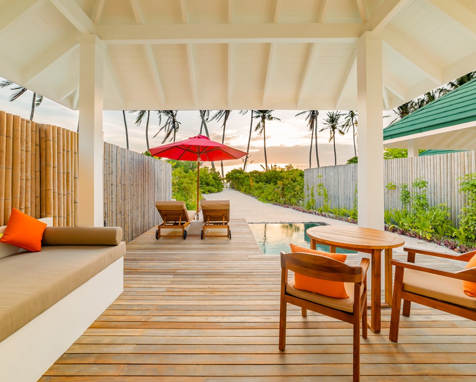 - This intimate 91 sqm beach villa in the Maldives offers a private pool and a terrace with breathtaking sunset views. Perfect for a family, it comfortably accommodates 2 adults and 2 children Enjoy serene moments by the water, with luxurious amenities and the natural beauty of the Maldives at your doorstep