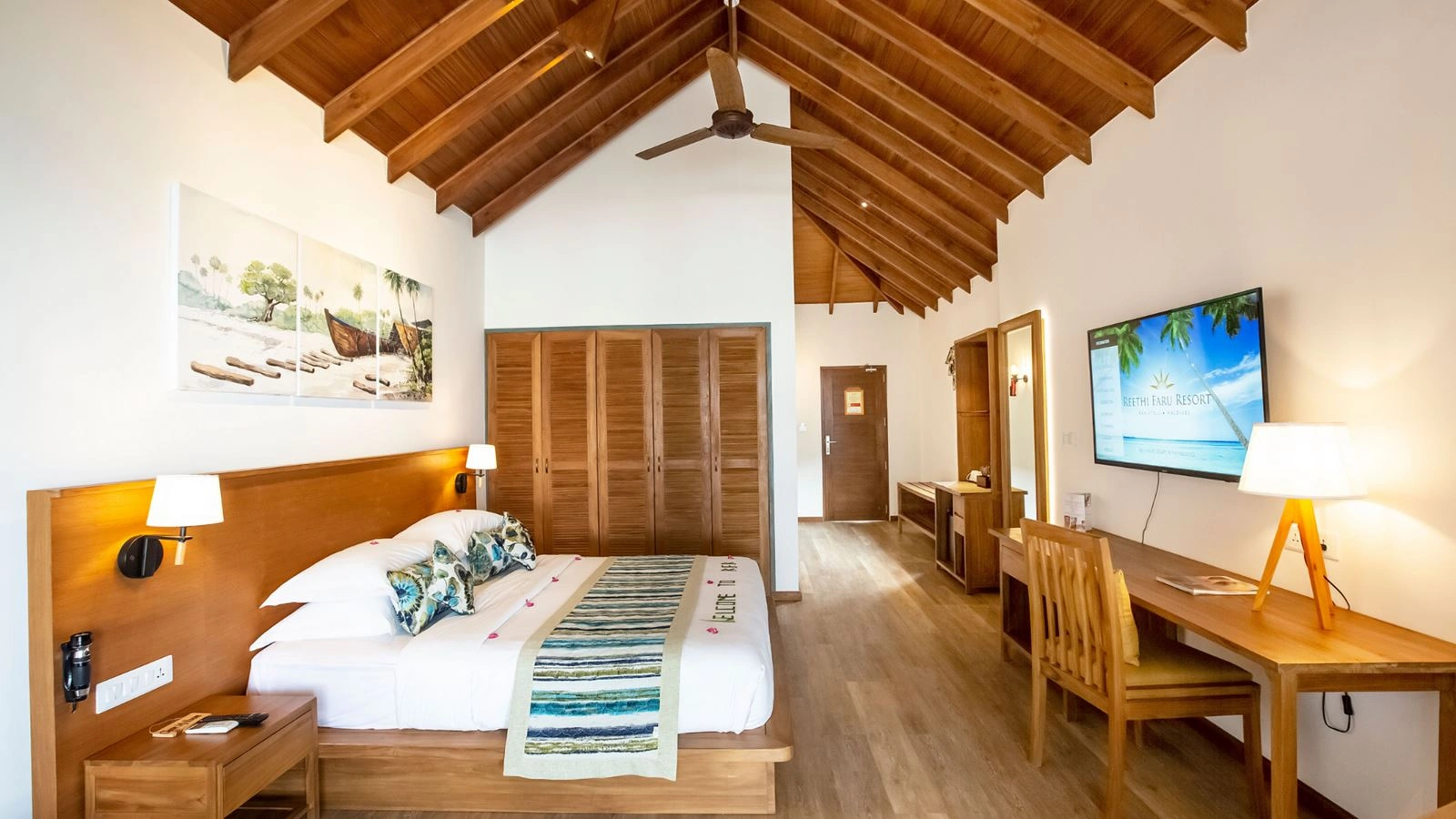 - The truly private setting of this beach villa in the Maldives invites you to slow down and embrace the simple pleasures of island living. With uninterrupted sea views and direct access to soft, untouched sands, the villa opens onto a sunset cabana, sun loungers and cosy reading chairs - perfect for unhurried moments by the shore. Thoughtfully designed across 74 sq m and ideal for up to 3 guests, it offers both space and seclusion.Inside, a plush king size bed, air conditioning with a ceiling fan and a refreshing rain shower ensure complete comfort, while amenities such as a mini bar, tea and coffee facilities, satellite TV, WiFi and an in room safe add effortless convenience.