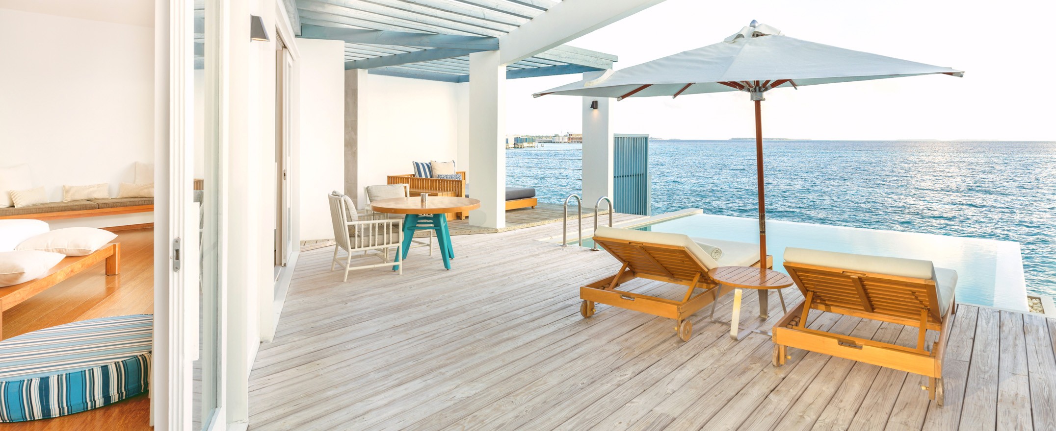 - Awaken to the gentle sound of waves beneath you Drink in the sublime views from your Maldives villa’s freshwater pool Descend the deck to splash in the lagoon With ocean vistas beyond the lagoon, it’s the ultimate aquatic paradise - 1 bedroom 220 sqm - Overwater - Lagoon View