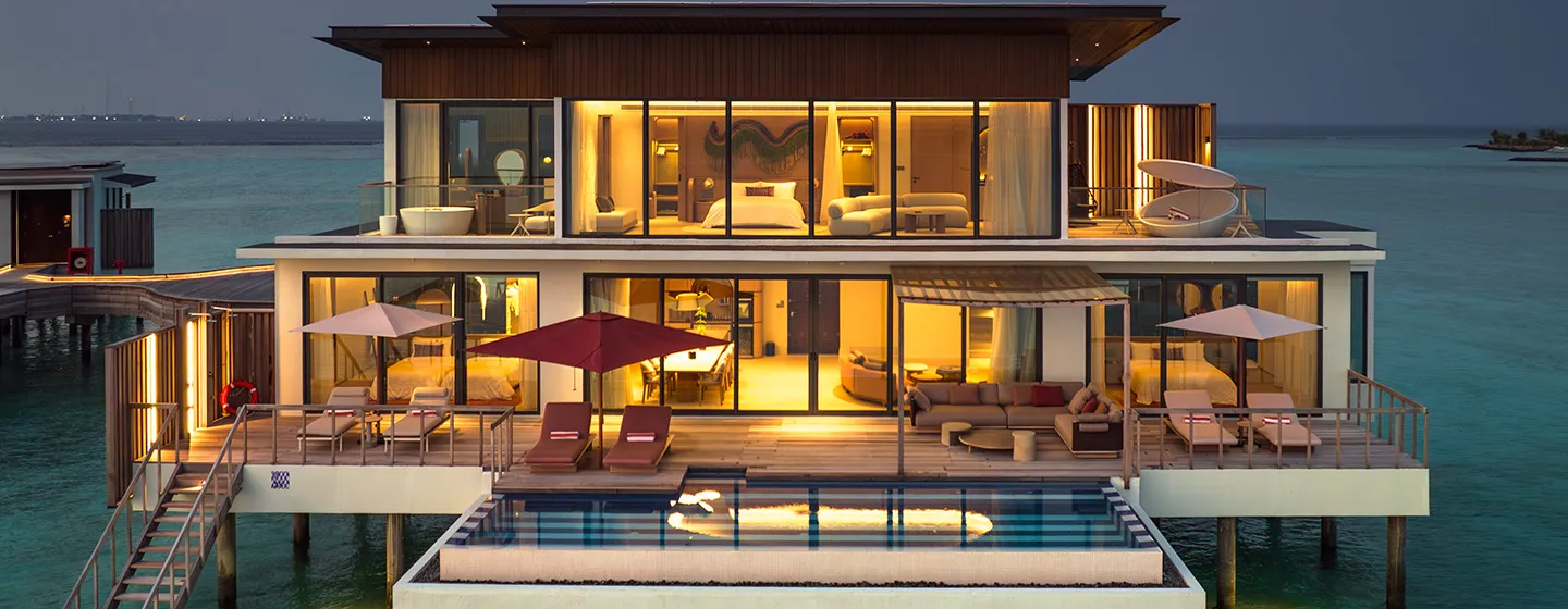 - Your ultimate ocean escape, our vast two storey water atelier is designed for maximum luxury and privacy with three bedrooms and spacious living and dining area with private pool and wraparound deck on both floors - Avg Room Size 410sqm / 4413sqft - Mattress Size 2 Kings & 2 Twins - Room Capacity 6 guests - View Ocean
