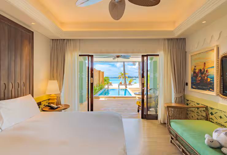 - 44 sq. m. / 473 sq. ft. - Direct beach access - Private terrace and pool - WiFi - 48 inch LCD TV - Customized aroma bath amenity - Indoor relaxation space - Stylish custom-made furnishings - Private pool for idle afternoons - Private terrace with relaxing seating opening to the white sandy beach - Soft beds for late starts - Roomy en-suite bathroom with twin sinks and waterfall showers - Authentic Maldives beach hotel experience