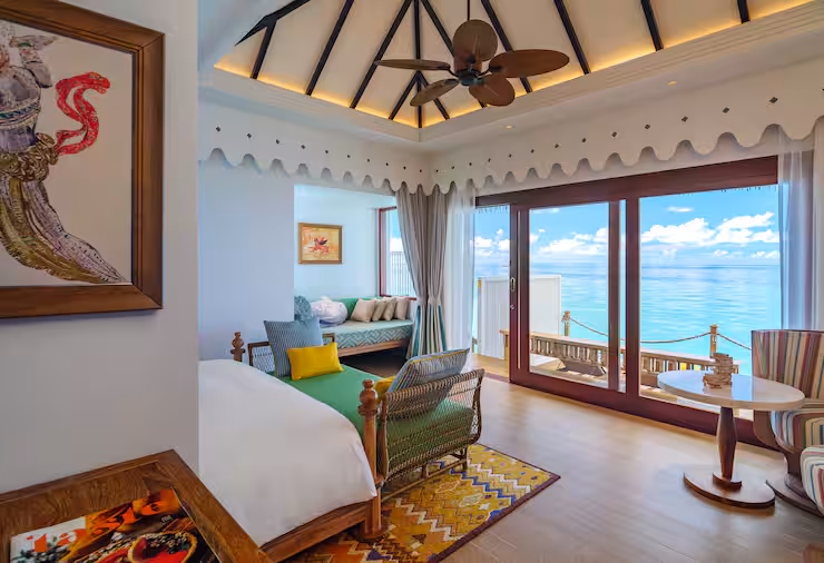 - 84 sq. m. / 904 sq. ft. - Overwater - Private terrace with direct lagoon access and sunbeds - One king bed overlooking the pristine ocean - Handcrafted puzzles - Customized natural aroma bath amenity - Mini bar - Soundbar - Air conditioning - Sleeps up to 2 adults or 2 adults and 1 child (on a sofa bed)