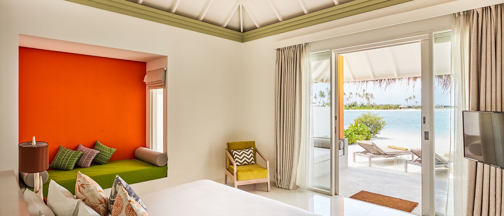 - This is your classic Maldives beach villa. There’s the proximity to the lagoon and the unobstructed views The semi open bathroom with a tropical outdoor shower (there’s one inside too) The King size bed facing the sea. The terrace that turns into the sandy beach. The chaises lounges to soak up the sun. It’s all there.