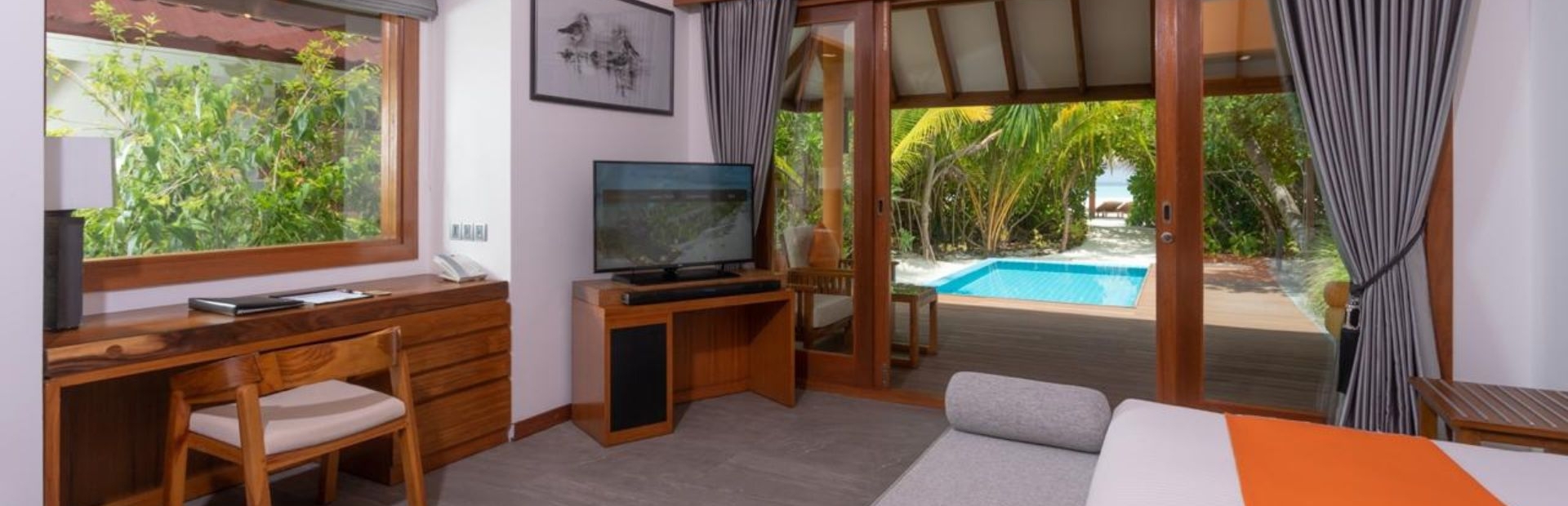 - King Size Bed - Dressing Table & Stool - Writing Table and Chair - Wardrobe - Air conditioning - Private Safe - Mini Bar - IDD Telephone - WIFI Internet - LED TV - Tea / Coffee facility - Veranda Love Seat - Veranda Coffee Seats and Table - Outdoor Sun Loungers - Plunge Pool - Sun Deck