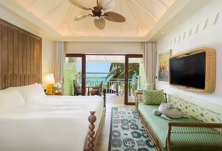 - 88 sq. m. / 473 sq. ft. - Sea view - Connecting rooms - Private balcony - WiFi - 48 inch LCD TV - Handcrafted puzzles - One king room and one room with two twin beds - Located on the first floor - Designed to flood the space with natural light - Intimate terrace framing the Indian Ocean - Sleek bathroom with cascading rain shower - Connecting dressing room, mirrored and bright - Personal space for pampering