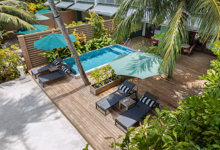- 88 sq. m. / 946 sq. ft. - Direct beach access - Connecting rooms - Private terrace with pool - WiFi - LCD TV - Customised aroma bath amenity - Expansive private terrace opening to an azure horizon - Barefoot access to powdery white sands of the Indian Ocean - Serene hideaway ideal for families travelling together - Two en suite rooms opening onto each other - Ultra comfortable beds for deep restful sleep - Expansive en suite bathrooms with twin sinks and waterfall showers - Outdoor shower - Private plunge pool - Natural extravagance