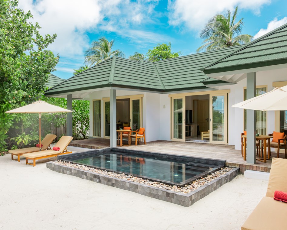 - The Two Bedroom Pool Beach Villa is a spacious 200 sqm retreat made for families or friends Featuring two master bedrooms and a private pool, it comfortably accommodates 6 adults or 4 adults and 2 children With stunning beach views and luxurious amenities, it’s the perfect place to unwind together
