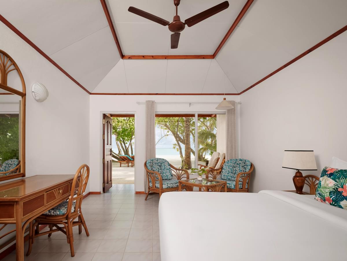 - Our Beach Villas are just a few steps from the pristine white beach and the crystalline turquoise waters - So you’ll experience indoor outdoor living at its finest as you relax into carefree island living - 35 square metres - 2 adults, 1 child - Beach access.