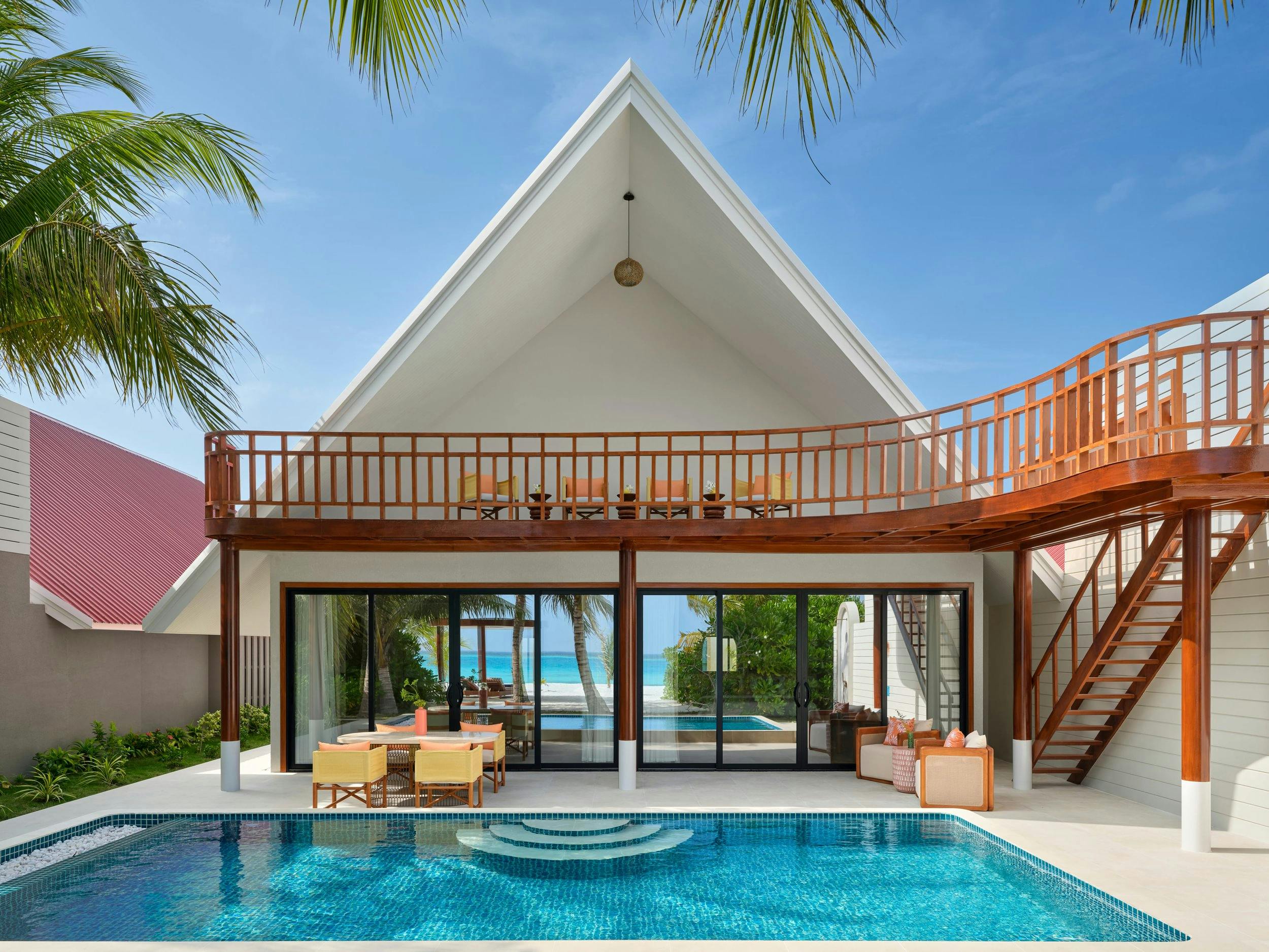 - With panoramic views and azure waters at your doorstep, our Two Bedroom Beach Pool Residence is the largest residence on the island and a favourite for families in the Maldives - 456 square metres - 4 adults, 2 children - Beach access